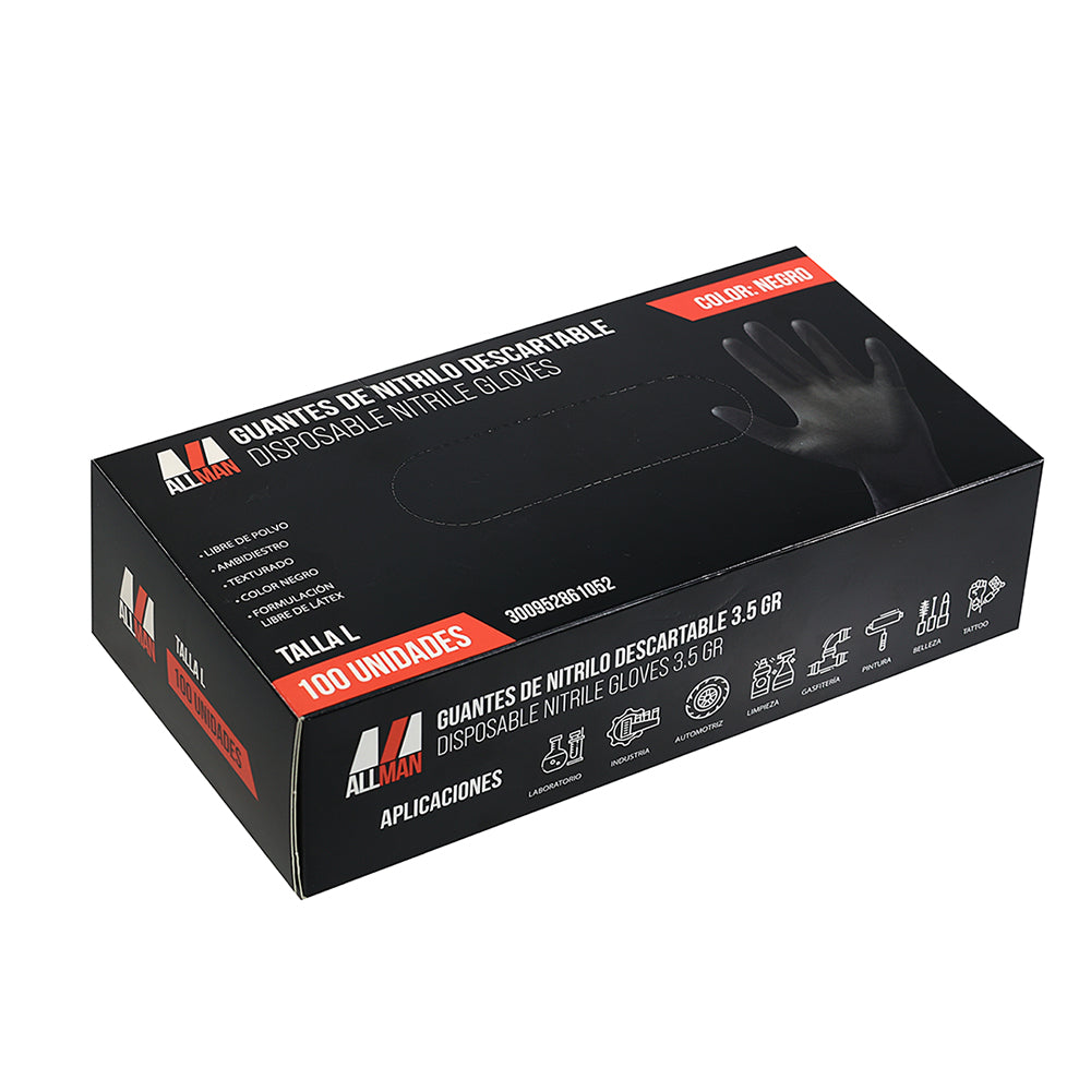 Guante examinación nitrilo negro 3,5 gr Allman Caja 100 und